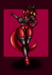  2015 anthro barefoot brown_hair cleavage clothed clothing female fingerless_gloves gloves green_eyes hair half-closed_eyes hand_on_hip horn long_hair looking_at_viewer navel red_body scalie solo suirano suirano_(character) 