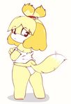  2015 animal_crossing anthro avoid_posting black_eyes black_nose blonde_hair blush canine clothed clothing conditional_dnp dog female fur hair isabelle_(animal_crossing) looking_at_viewer looking_back mammal nintendo plain_background smitty_g solo video_games white_background yellow_fur 