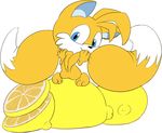  ambiguous_gender anthro big_tail blue_eyes butt canine cute fluffy_tail fox fruit fur lemon looking_at_viewer looking_back mammal miles_prower multiple_tails nude persicute plain_background raised_tail sega solo sonic_(series) tail_grab yellow_fur 