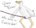  anatomically_correct animal_genitalia anthro avian bill bird constipated_satan corkscrew_penis duck duck_penis feathers male penis plain_background solo text white_background words 