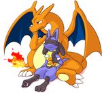  2015 ambiguous_gender anthro barefoot blue_eyes blush butt charizard claws cute dolpix dragon duo fire fur lucario nintendo plain_background pok&eacute;mon scalie shadow sitting smile spikes spread_legs spreading teeth toe_claws video_games white_background wings 
