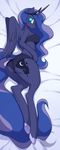  anthro anthrofied bed big_butt blue_eyes blue_hair bra butt clothing crown doxy equine equine_legs eyelashes female friendship_is_magic hair horn long_hair looking_at_viewer lying mammal my_little_pony nipple_bulge panties princess_luna_(mlp) solo underwear wide_hips wings 