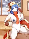  2015 anthro blue_eyes blue_hair breasts canine cup female fur gloves hair hat kneeling looking_at_viewer mammal nipples nude pussy samuel-kun scarf smile snow solo white_fur white_wolf winter wolf zazush-una 