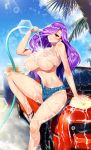  areolae blush breasts brown_eyes car car_wash erect_nipples ground_vehicle hair_over_one_eye highres hose huge_breasts long_hair motor_vehicle nipples original outdoors purple_hair see-through short_shorts shorts sitting sky smile soap_bubbles solo tamiya_akito underboob water wet wet_clothes 