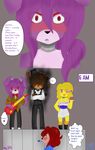  angry animatronic anthro avian bear bird black_pants blush bonnie_(fnaf) brown_fur brown_hair brown_shirt chica_(fnaf) chicken color comic cupcake cute discordmelody dress end female five_nights_at_freddy&#039;s food freckles freddy_(fnaf) full_page fur guitar hair hat jasmine lagomorph machine male mammal mechanical microphone musical_instrument purple_fur purple_hair rabbit red_hair robot rodent smile squirrel stage top_hat yellow_fur 