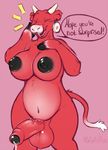  anthro areola balls big_balls big_breasts bovine breasts dialogue dickgirl ear_piercing erection eyes_closed fur horn intersex mammal mascot nargleflex nipples nude penis piercing precum red_fur solo text the_laughing_cow uncut vein 