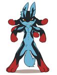  2015 3_fingers 3_toes angry anthro chibi clenched_teeth fur looking_at_viewer lucario male mega_evolution mega_lucario nintendo oob pok&eacute;mon pose red_eyes solo standing teeth toes video_games 