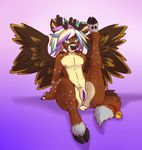  2015 aggrobadger antlers anus aven-fawn cervine deer feathers female flat_chested green_eyes hair hooves horn long_hair looking_at_viewer mammal multicolored_hair peryton pose presenting presenting_pussy pussy sitting solo spots spread_legs spreading tailbell wings 