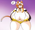  2015 animal_ears bell big_breasts bipedal blush bra breasts cat_ears cat_tail clothing collar eikasianspire eyes_closed female hair huge_breasts human hyper hyper_breasts long_hair mammal navel open_mouth orange_hair overweight shirt shorts smile solo standing teeth thick_thighs underwear wide_hips 
