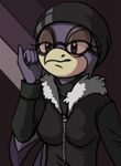  anthro avian bird breasts coat eyelashes eyewear female glasses hat irenezelle_(artist) looking_at_viewer purple_feathers sega solo sonic_(series) sonic_riders wave_the_swallow 