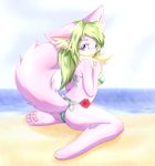  beach bipedal blush clothing female flower fur green_hair hair hazukikai kneeling pink_fur plant purple_eyes seaside solo swimsuit water 