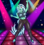  absurd_res anthro big_breasts blue_hair breasts clothing dancing digital_media_(artwork) equine erect_nipples eyes_closed fan_character female fur green_fur hair hi_res high_heels horn long_hair mammal my_little_pony navel nipples open_mouth sixpathoffriendship smile solo torn_clothing unicorn 