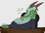  amber_eyes anita_bigtime annoyed anthro big_breasts boss breasts business_suit chair claws cleavage clothed clothing desk dragon fangs female floppy_ears green_scales horn huge_breasts macro male mammal micro nervous office_chair raccoon reptile scalie shirt size_difference suit t-bone_(artist) 