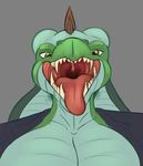  amber_eyes anita_bigtime anthro big_breasts boss breasts cleavage clothed clothing dragon fangs female first_person_view floppy_ears green_scales jaws looking_at_viewer open_mouth reptile scalie t-bone_(artist) teeth tongue tongue_out 