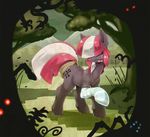  black_fur equine fan_character female feral forest fur hair horse mammal my_little_pony oze pink_hair pony socks solo striped_socks tail_wrap tree 