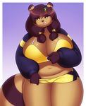  2015 3mangos anthro big_breasts bipedal bra breasts brown_eyes brown_fur brown_hair brown_nose cleavage clothed clothing female fur hair huge_breasts long_hair looking_at_viewer mammal nails navel overweight shorts solo standing stripes tanuki thick_thighs tongue tongue_out underwear undressing wide_hips 