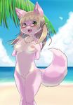  2014 anthro beach blonde_hair blush breasts canine chinchirabbit cloud eyewear female fur glasses green_eyes hair looking_at_viewer mammal nipples nude open_mouth outside pink_fur pink_nose sand seaside sky solo teeth water 