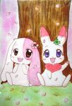  &lt;3 anime anthro blush brown_eyes cherry_blossom chest_tuft chima clover comic cute duo female fur happy_happy_clover japanese lagomorph long_ears mallow mammal manga meru pink_fur pixiv purple_eyes rabbit sayuri_tatsuyama shamrock short_fur sitting smile tuft unknown_artist white_fur 