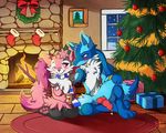  2015 alternate_color animal_genitalia anthro blue_eyes blue_fur blush braixen breasts canine_penis chest_tuft christmas christmas_tree drink duo erection eye_contact fan_character female fireplace flower fluffy fluffycatherine foxyfur26 front_view fur holidays inside kneeling knot lucario male nintendo one_eye_closed penis pink_eyes pink_fur plant pok&eacute;mon precum rikuaoshi rug sitting smile straight tree tuft video_games white_fur wink 