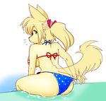  2014 anthro bikini blonde_hair breasts butt canine clothed clothing dog female fur green_eyes hair kuwatann looking_at_viewer looking_back mammal pool rear_view ribbons solo swimsuit water wet yellow_fur 