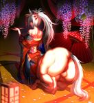  absurdres animal_ears anus ass bag bare_shoulders blurry breasts centaur depth_of_field eyeliner flower from_behind hair_ornament hair_stick highres hooves horse_ears horse_tail japanese_clothes kimono kiseru lantern large_breasts lipstick long_hair looking_at_viewer looking_back makeup monster_girl muscle nail_polish off_shoulder original otaku_(artist) petals pipe ponytail pubic_hair purple_eyes purple_nails pussy shadow shoulder_bag shoulder_blades simple_background sitting solo tail tatami umbrella uncensored white_hair white_pubic_hair wisteria wooden_lantern 