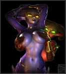  armor arms_above_head arms_behind_head big_breasts big_horns bottomless breast_squish breasts censored claws clothed clothing collar covering demon ezria female gem glowing glowing_eyes half-dressed hand_bra hand_on_breasts hi_res horn jessica_anner jewelry long_ears nude purple_scales red_scales succubus topless unconvincing_armor xelthia 