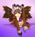  2015 aggrobadger antlers anus aven-fawn cervine deer feathers green_eyes hair hooves horn knot long_hair male mammal multicolored_hair penis peryton pose sitting solo spots tailbell wings 