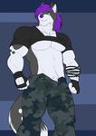  anthro blue_eyes canine dog hair horn husky kartos leather_straps lester lesterhusky male mammal manly muscled_chest muscles purple_hair solo 