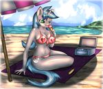  &lt;3 absurd_res anthro beach big_breasts bikini blue_hair breasts clothing cutie_mark digital_media_(artwork) equine fan_character female food fur green_eyes grey_fur hair hi_res horn ice_cream licking long_hair mammal my_little_pony navel outside seaside sixpathoffriendship smile solo swimsuit tongue tongue_out unicorn 