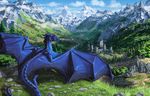 aaros_(artist) absurd_res ambiguous_gender blue_scales castle digital_painting_(artwork) digitigrade dragon fantasy feral hi_res mountain outside scalie scenery solo wings 