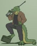  2014 anthro barefoot claws clothed clothing crocodile digitigrade green_eyes green_scales gun half-closed_eyes jacket looking_at_viewer male pants pose ranged_weapon reptile rifle scalie shirt smile sniper_rifle solo spines vader-san victor_(chefbg) weapon yellow_belly yellow_scales 