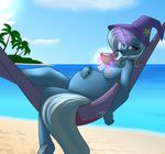  2015 anthro beach blue_fur blue_hair breasts cloud drink equine female friendship_is_magic fur hair hammock hat horn long_hair looking_at_viewer lying magic mammal my_little_pony navel nipples nude on_back outside patch_(artist) pregnant purple_eyes seaside smile solo straw tree trixie_(mlp) unicorn wizard_hat 