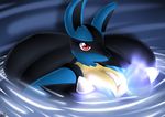  2013 anthro black_fur blue_fur breasts energy female fur latiar looking_at_viewer lucario nintendo paws pok&eacute;mon pok&eacute;morph red_eyes spikes video_games yellow_fur 