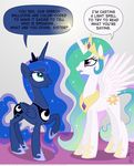  2015 blue_eyes breaking_the_fourth_wall crown cutie_mark dialogue duo english_text equine eyeshaodw female friendship_is_magic glowing gold hair horn mammal meta multicolored_hair my_little_pony necklace princess_celestia_(mlp) princess_luna_(mlp) purple_eyes sparkles text timothy_fay winged_unicorn wings 