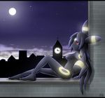  2013 anthro black_fur black_hair breasts brick city clock cloud crying eeveelution female fur glowing hair latiar light moon night nintendo outside pok&eacute;mon pok&eacute;morph red_eyes sad side_boob star starry_sky tears umbreon video_games wall 