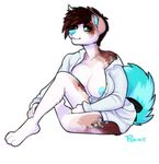  2015 anthro bottomless breasts brown_hair canine clothed clothing digital_media_(artwork) dog female green_eyes hair half-dressed mammal nipples open_shirt partially_clothed porin shirt smile solo 