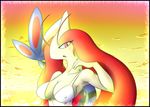  2013 anthro armpits big_breasts blue_scales blush bra breasts clothing cloud erect_nipples female hair latiar milotic nintendo nipples pink_eyes pok&eacute;mon pok&eacute;morph red_hair red_scales seductive sky sunset swimsuit underwear video_games white_skin 