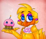  animatronic avian bib blue_eyes blush cupcake cupcake_(fnaf) cute female five_nights_at_freddy&#039;s_2 food fur happy machine makeup mechanical plaguedogs123 robot smile toy_chica_(fnaf) yellow_fur 