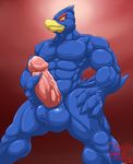  abs anthro avian balls beak biceps big_balls big_muscles big_penis bird blue_body blue_eyes erection falco_lombardi feathers grin holding_penis humanoid_penis hungothenomster looking_at_viewer male muscles nintendo nude pecs penis plain_background pose red_background sheath smile solo standing star_fox teeth toned vein veiny_penis video_games 