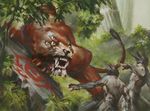  ambiguous_gender eric_velhagen feline feral group humanoid landscape magic_the_gathering male mammal multiple_eyes official_art painting_(artwork) quadruped sharp_teeth size_difference snarling solo_focus teeth traditional_media_(artwork) tusks vegetation 