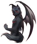  2007 anthro black_nose buta-chan canine digital_media_(artwork) ear_piercing fluffy_tail fur grey_fur grey_hair hair half-length_portrait looking_at_viewer male mammal markings membranous_wings nude piercing plain_background red_eyes red_markings scar side_view solo standing white_background wolf 