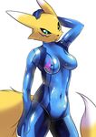  2014 bandai black_sclera blue_eyes breasts digimon female fur navel renamon solo tamaryu white_fur yellow_fur zero_suit 