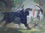  ambiguous_gender blood charging feral group hooves horn humanoid magic_the_gathering male mask monster official_art quadruped ruins signature size_difference solo_focus spikes steve_prescott thrull vegetation 