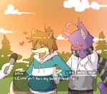  &lt;3 anthro black_pants blush button_up_shirt canine cat duo fangs feline forest fur gay hair hand_holding jackets male mammal microphone morenatsu open_mouth purple_fur scarf shin_kuroi shun_kodori sunset tongue tree winter wolf 