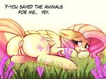  2015 anus blush cutie_mark dock english_text equine female feral flower fluttershy_(mlp) friendship_is_magic fur grass hair hooves looking_at_viewer lumineko lying mammal my_little_pony pegasus pink_hair plant puffy_anus pussy pussy_juice solo text wet wings yellow_fur 