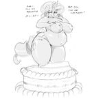  2015 anthro anthrofied areola big_breasts breasts cake cutie_mark dialogue english_text equine female food friendship_is_magic greyscale hair half-closed_eyes hand_on_breasts hat horn looking_at_viewer mammal monochrome my_little_pony navel nude overweight party_hat rarity_(mlp) sirmasterdufel solo text unicorn weight_gain 
