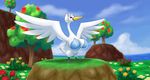  avian big_breasts bird breasts cleavage clothed clothing feathered_wings female looking_at_viewer nintendo ole outside pok&eacute;mon solo spread_wings standing swan swanna video_games wings 