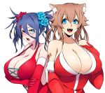  2girls animal_ears bandaid black_hair blue_eyes blush breasts brown_hair camui_kamui cat_ears cleavage dizu_(camui_kamui) elbow_gloves gloves hair_clip hair_ornament hair_scrunchie heterochromia huge_breasts multiple_girls open_mouth scrunchie side-by-side smile twintails 