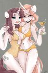  &lt;3 anthro anthrofied big_breasts bikini blue_eyes breast_squish breasts cleavage clothed clothing cutie_mark dahliabee drink duo equine female fleur_de_lis_(mlp) friendship_is_magic glass hair horn horse jewelry long_hair looking_at_viewer mammal martini midriff multicolored_hair my_little_pony navel necklace open_mouth piercing pony purple_eyes purple_hair rarity_(mlp) skimpy smile swimsuit teeth tongue unicorn 