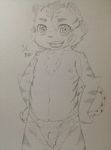  anthro balls big_eyes clothed clothing cub eyebrows feline half-dressed kemono male mammal monochrome navel nipples open_mouth plain_background sirotae_konnta sketch solo topless underwear young 